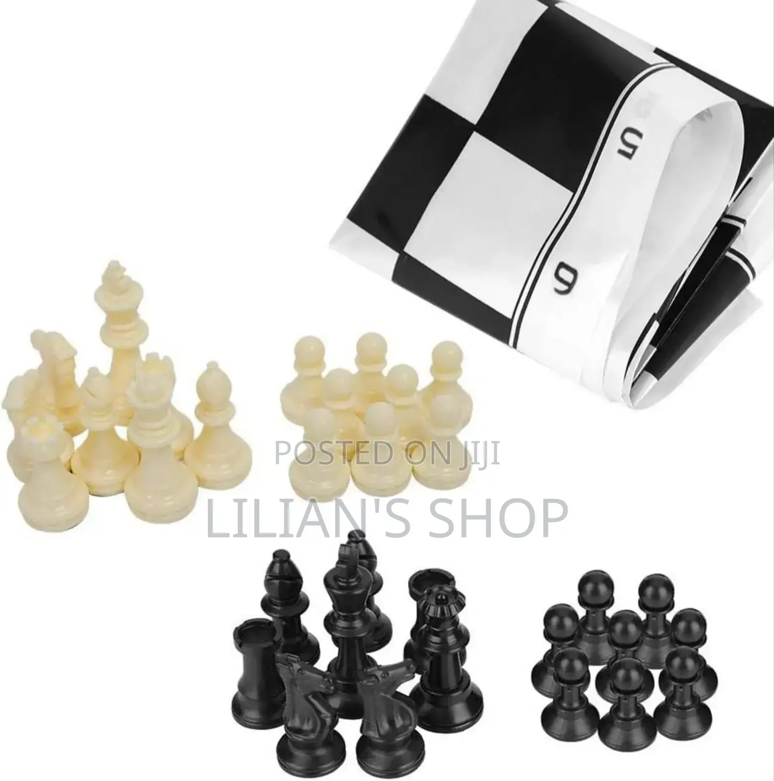Portable Roll-Up Chess Set With Plastic Pieces.
