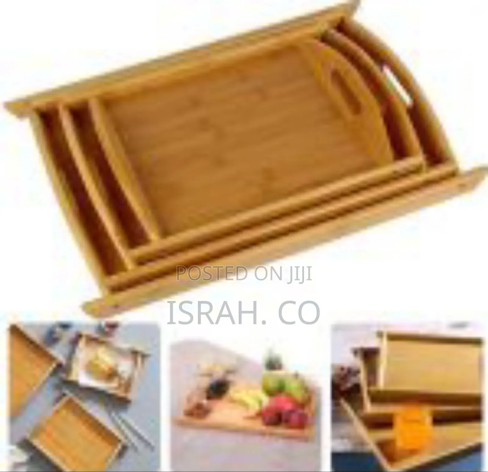Set of 3 Nesting Natural Bamboo Serving Trays With Integrated Handles
