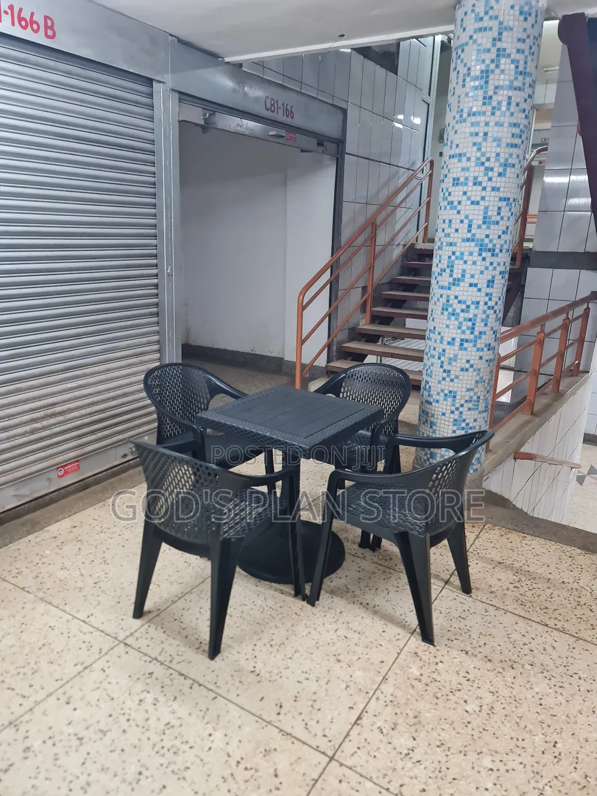 Slated Plastic Armchair and Table Plastic Chairs and Table Set Black