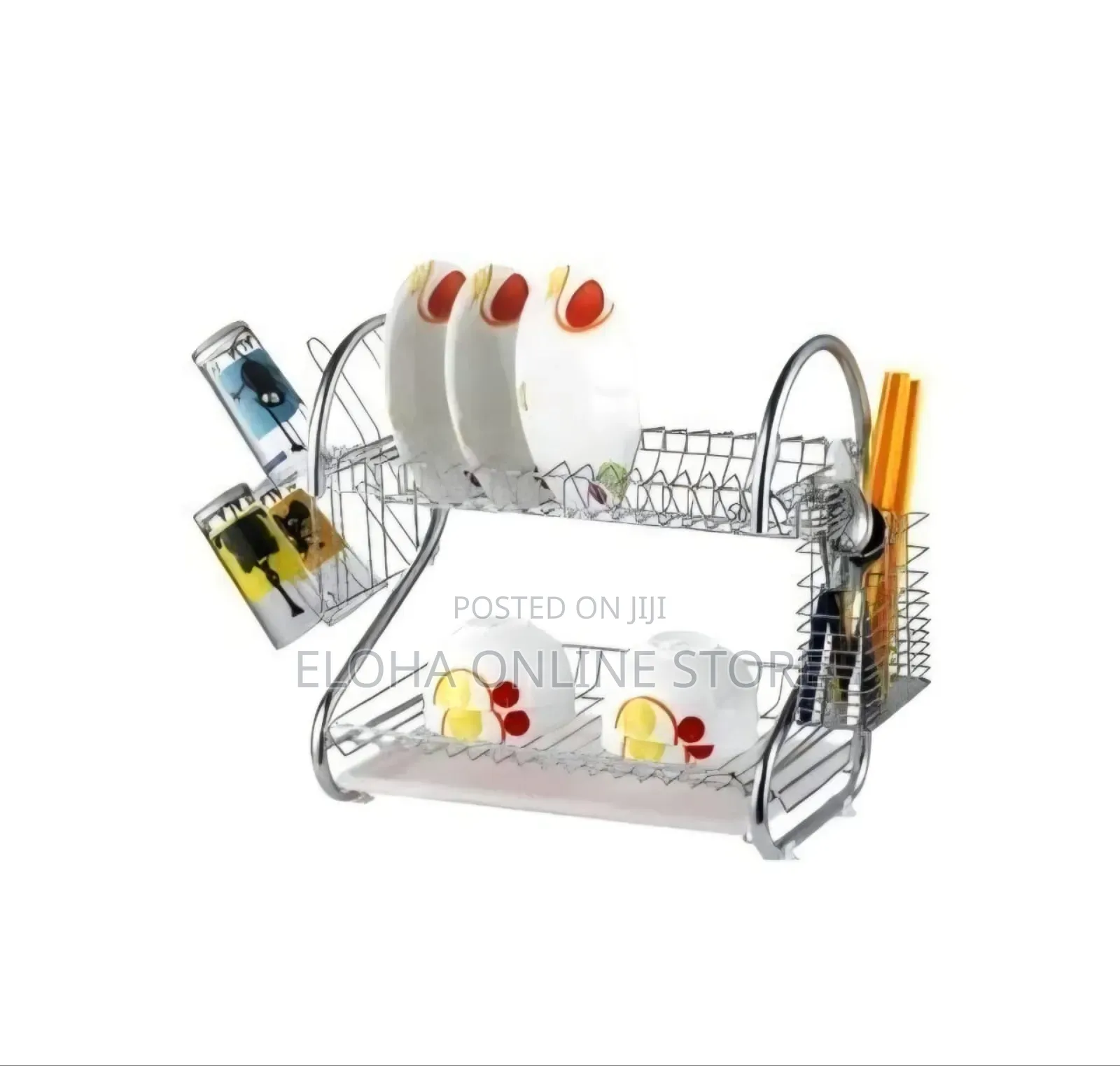 2 Tier Steel Plate Dish Drying Draining Rack Storage Organizer, Silver