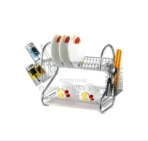2 Tier Steel Plate Dish Drying Draining Rack Storage Organizer, Silver
