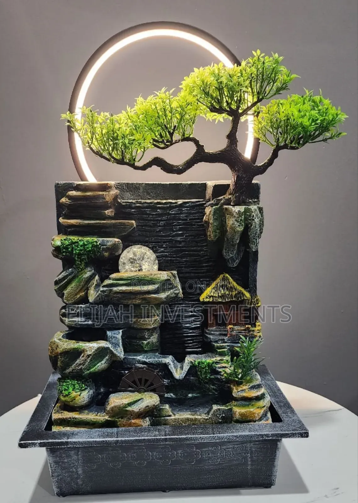 Tabletop Water Fountain With an Artificial Bonsai Tree Design
