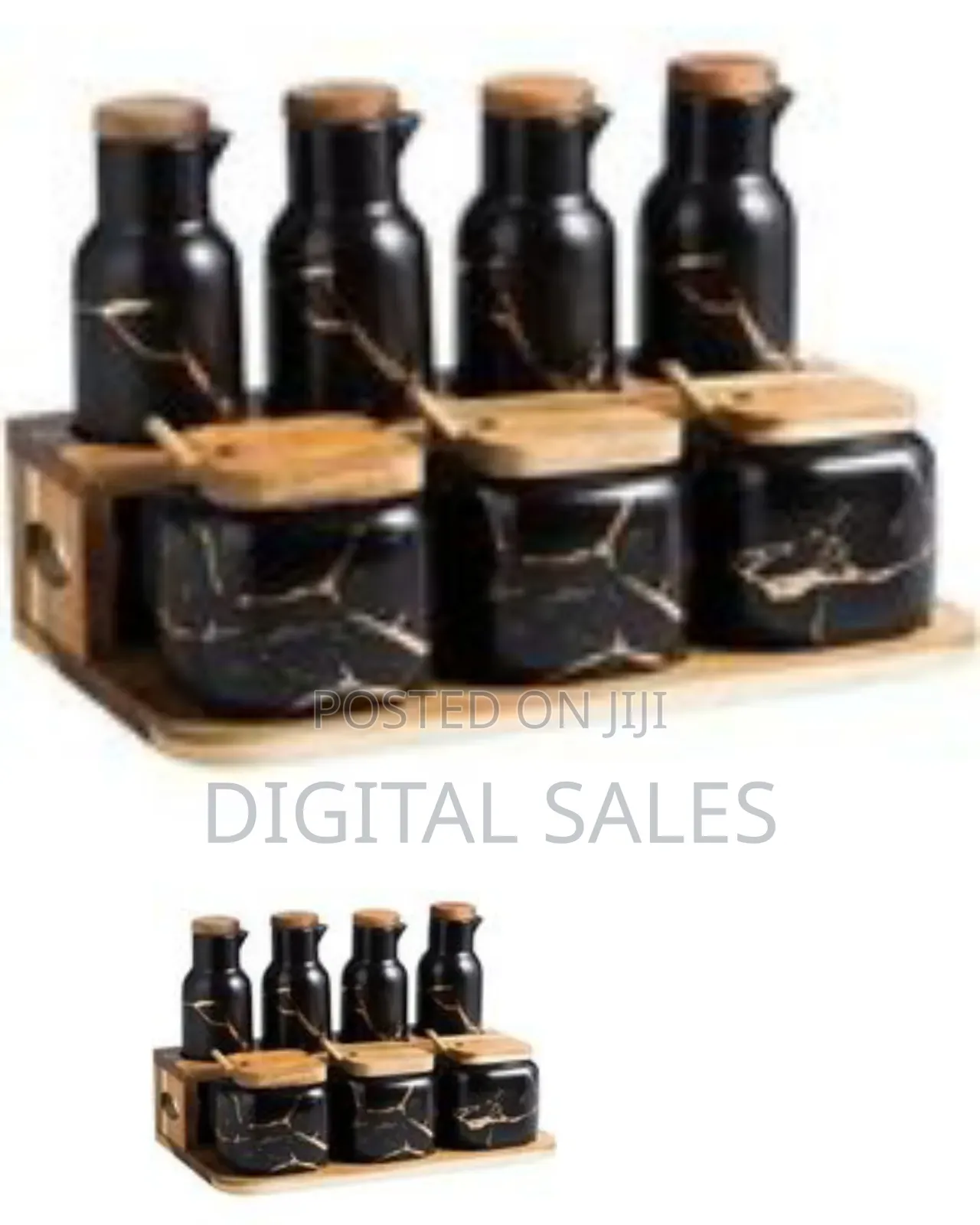 Elegant Ceramic Oil, Vinegar, and Spice Storage Set With Wooden Tray