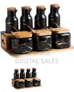 Elegant Ceramic Oil, Vinegar, and Spice Storage Set With Wooden Tray