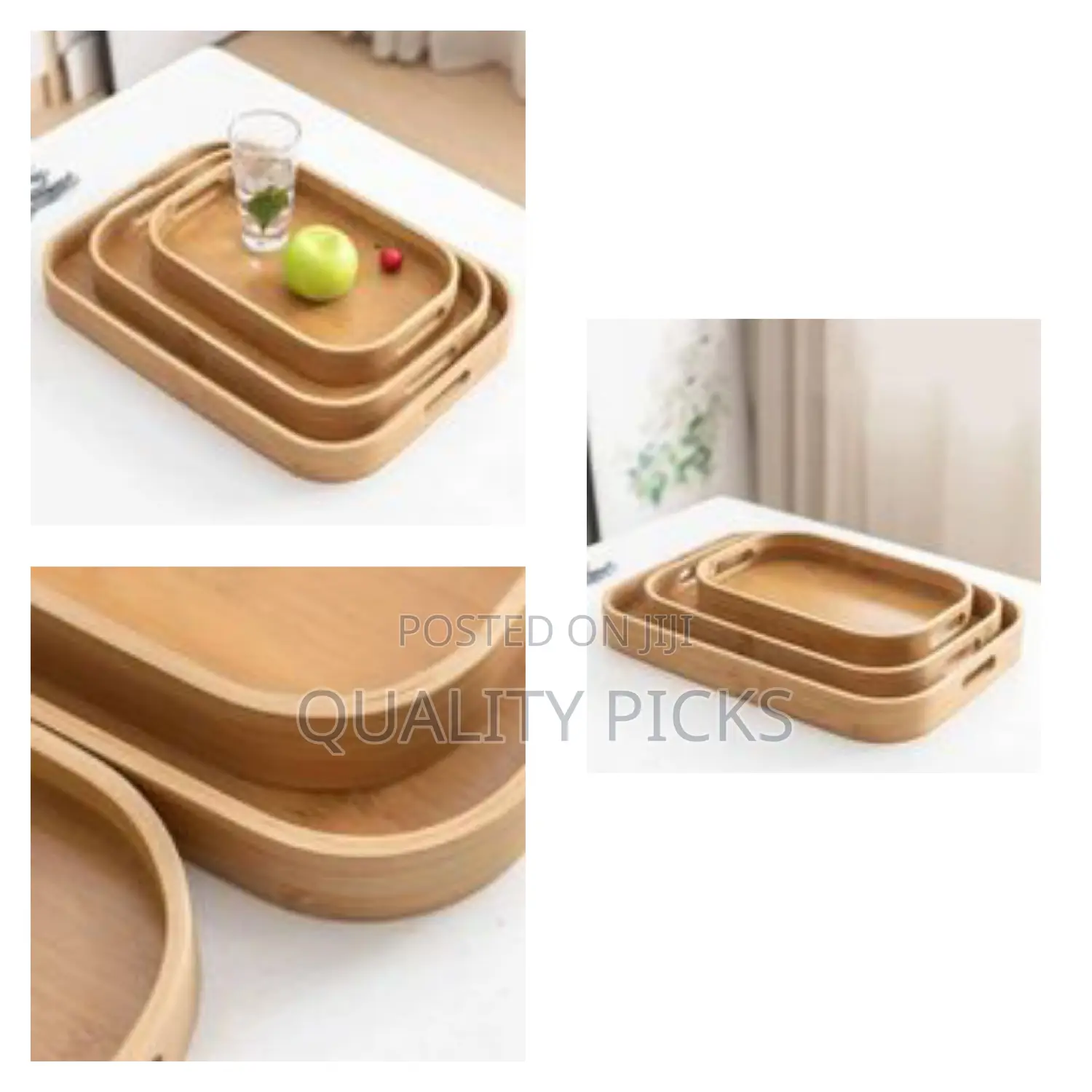 3 Piece Food Serving Bamboo Trays