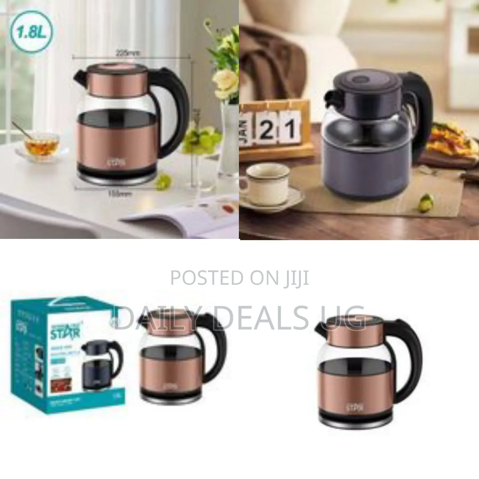 Winningstar Stylish Glass Electric Kettle With Copper/Rose Gold Accent