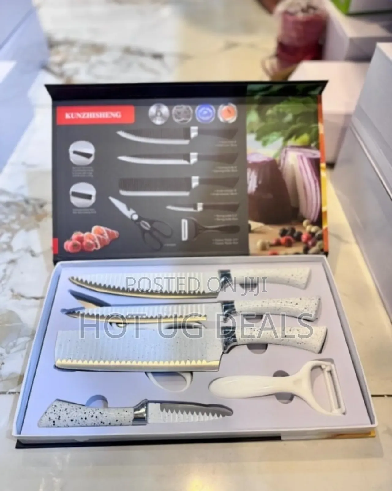 Non Stick Marble Coding Ceramic 6 Pcs Knife Set -white/Black