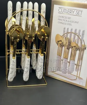 24pcs Stainless Steel Cultery Set With Stand- Gold/White