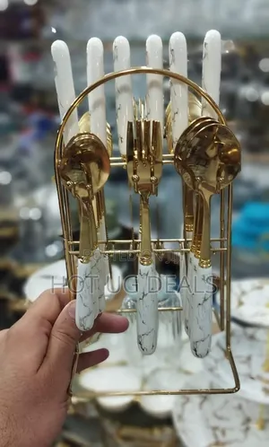 24pcs Stainless Steel Cultery Set With Stand- Gold/White