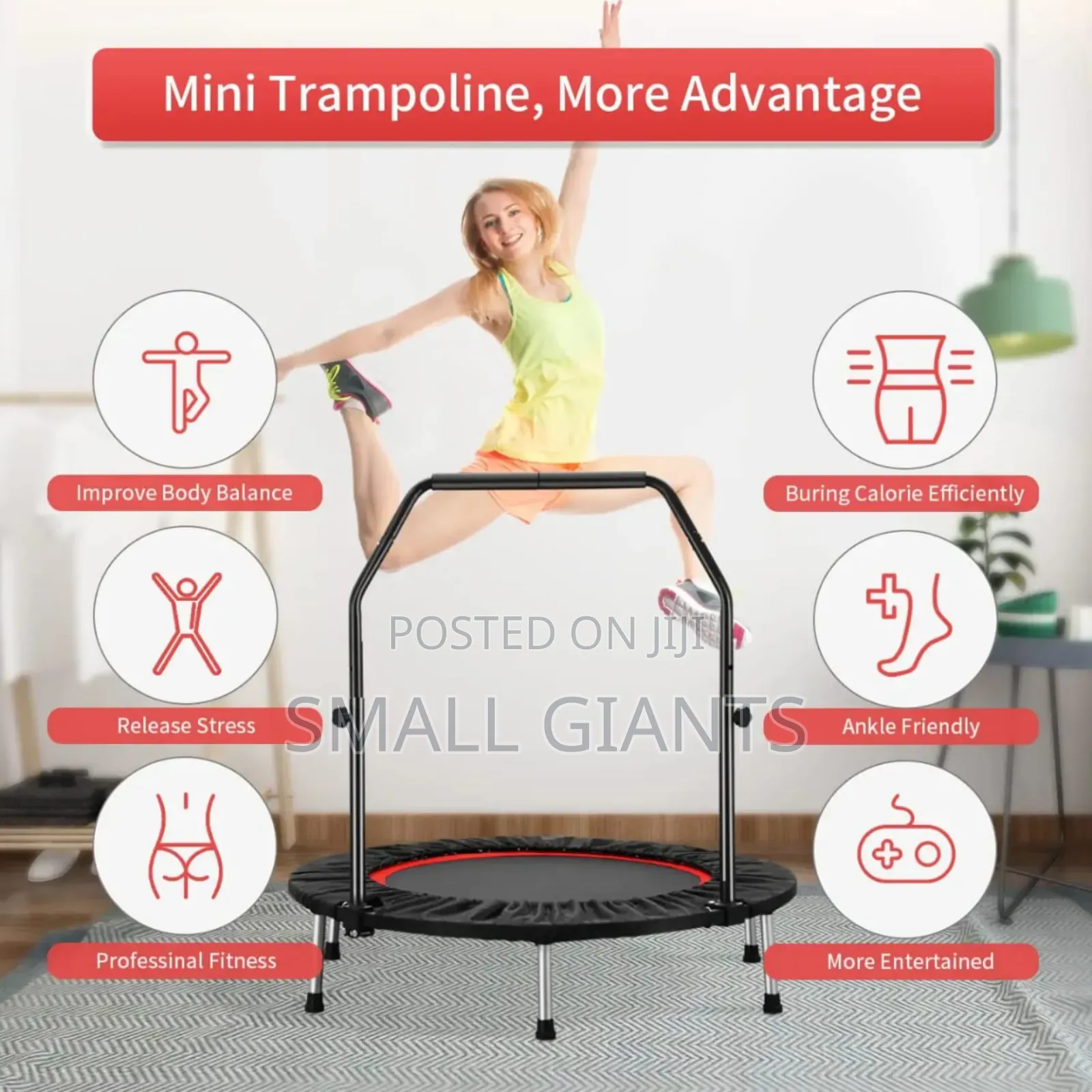 Foldable Mini Exercise Trampoline With an Adjustable Handle Bar