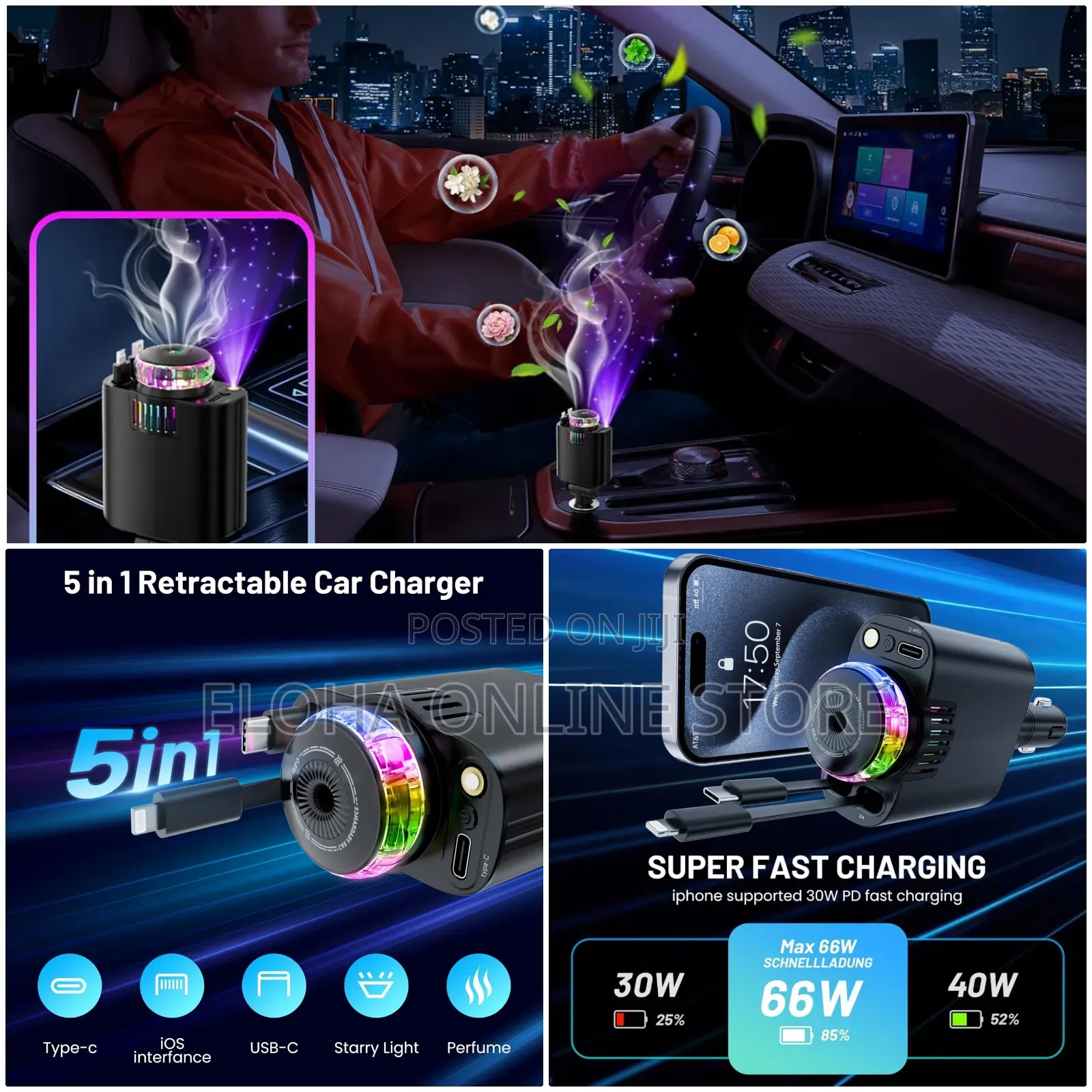Starlight Retractable Car Charger With Aromatherapy