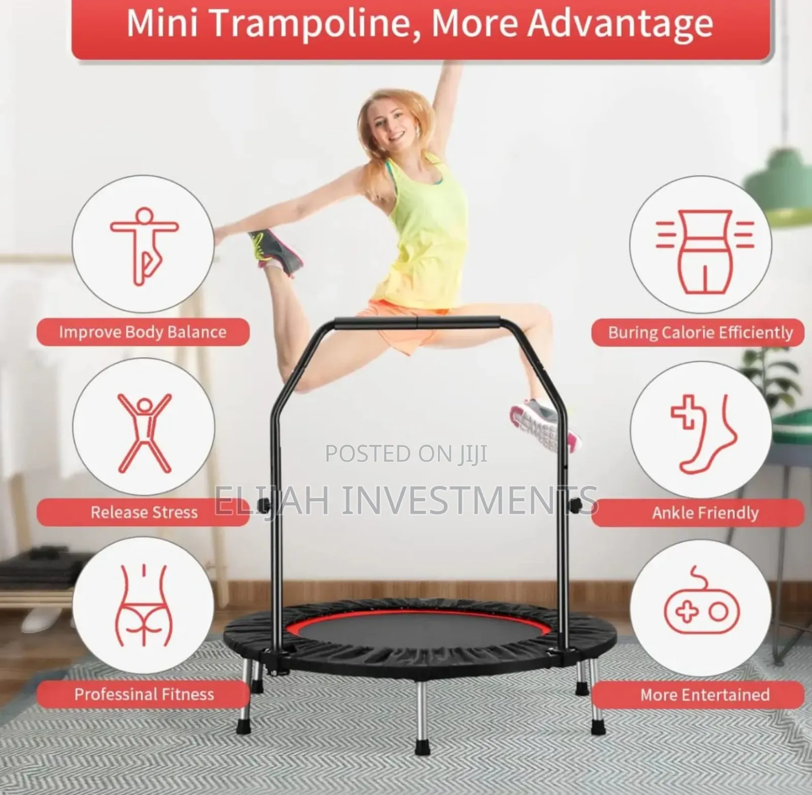 Foldable Mini Exercise Trampoline With an Adjustable Handle Bar