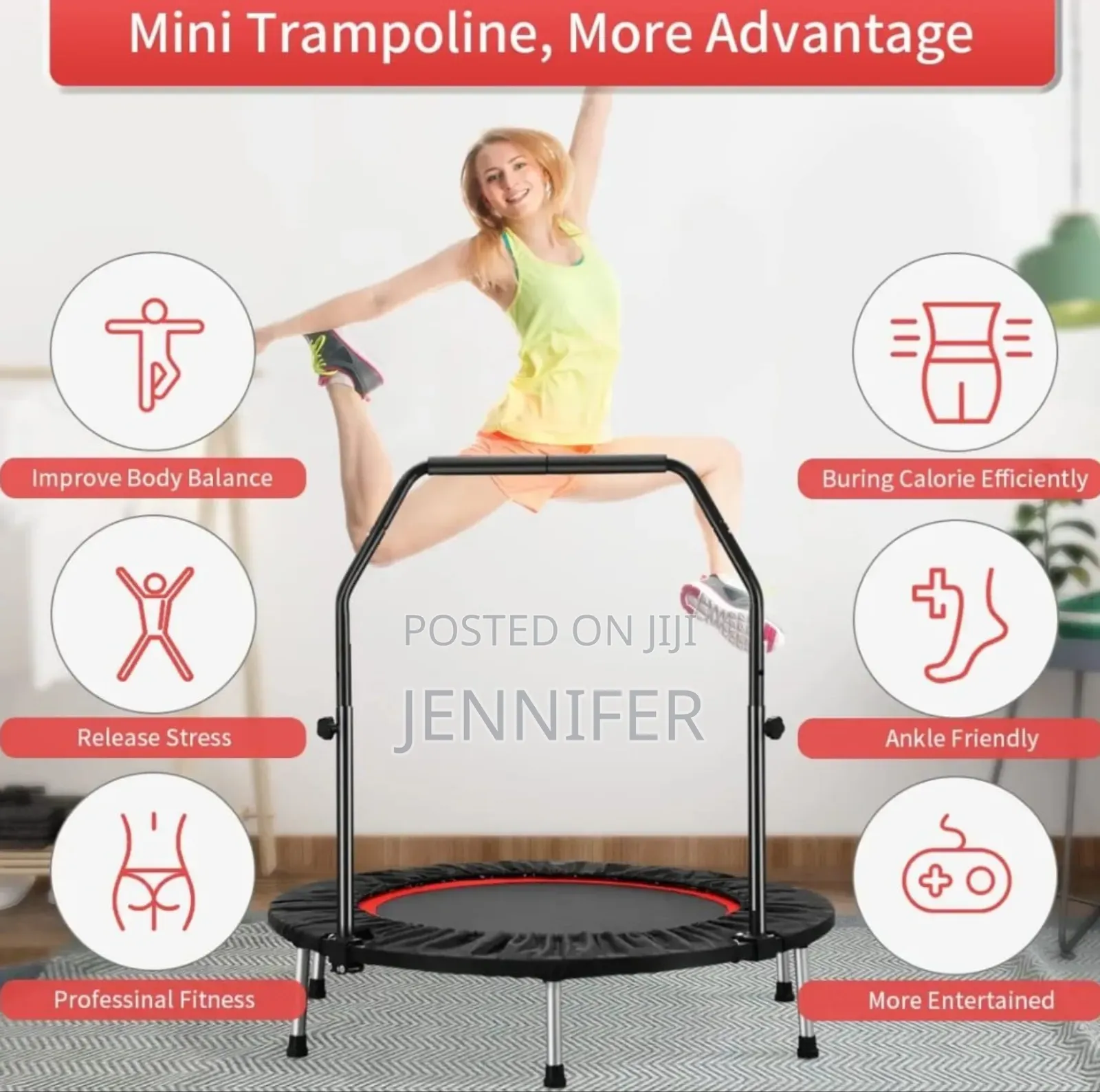 Foldable Mini Exercise Trampoline With an Adjustable Handle Bar