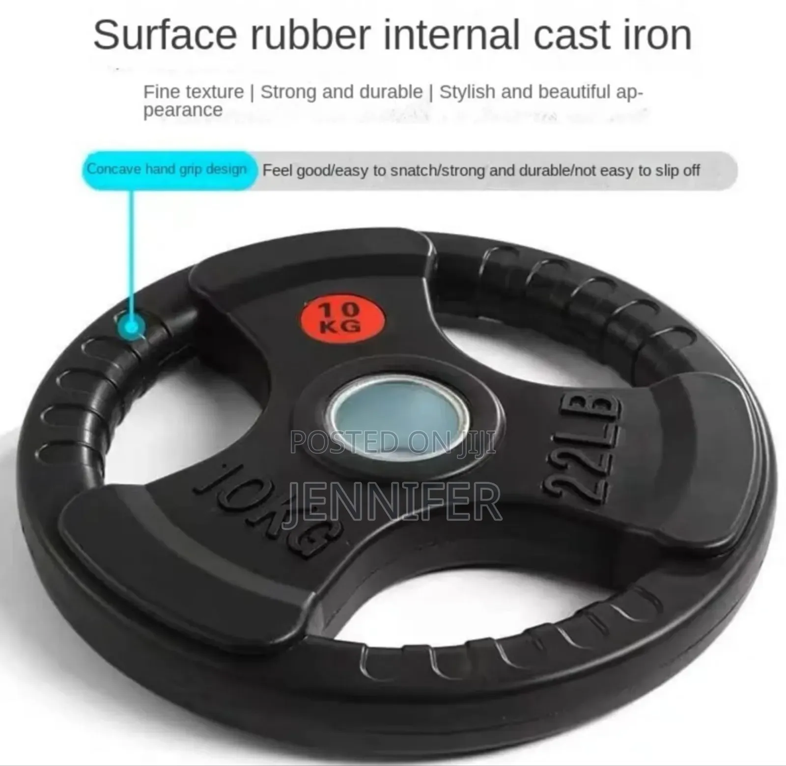 10kg (22lb) Olympic Rubber-Coated Weight Plate With a Tri-Grip Design