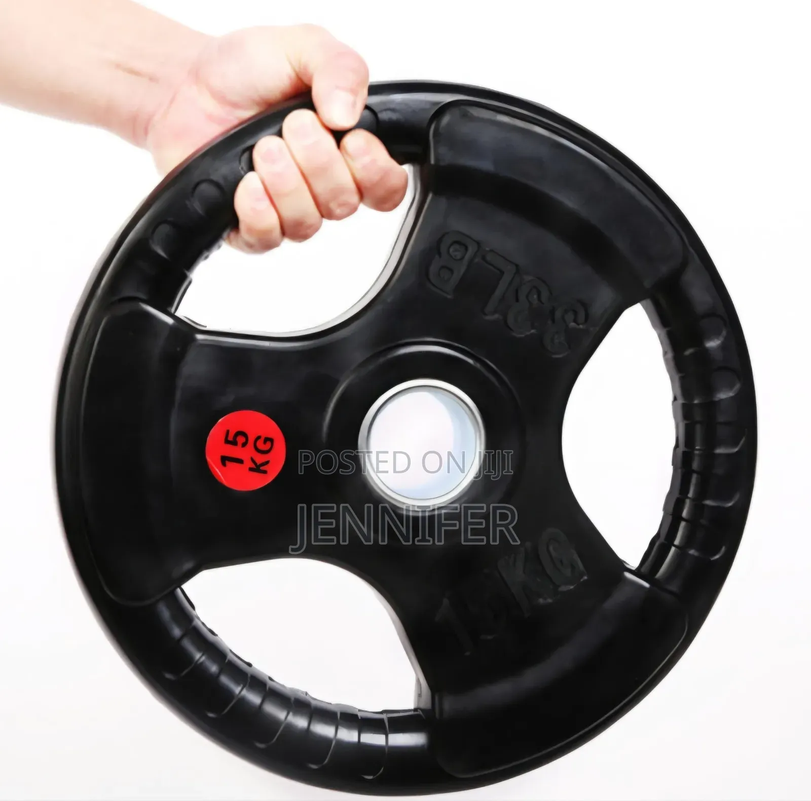 15kg Rubber-Coated Olympic Weight Plate With a Tri-Grip Design