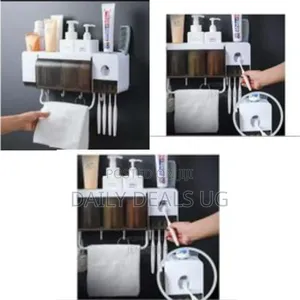 Bathroom Storage Shelf With Toothbrush Holder and Toothpaste Dispenser