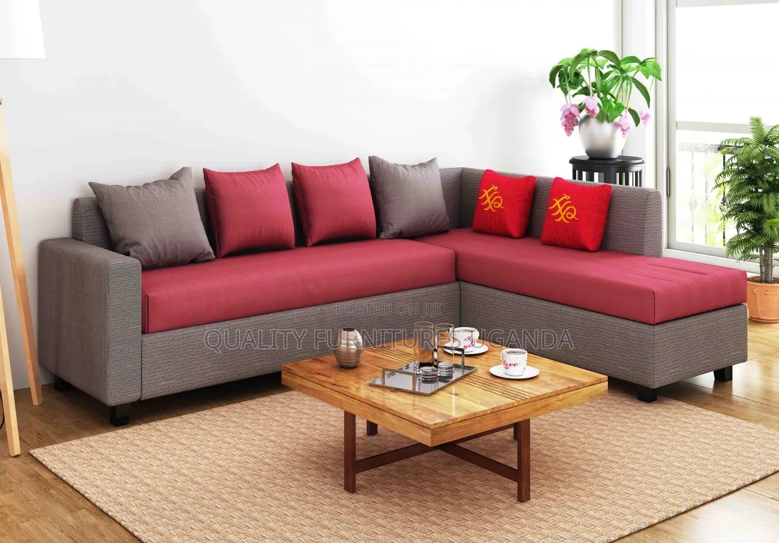 Pink and Gray L Sofa Set
