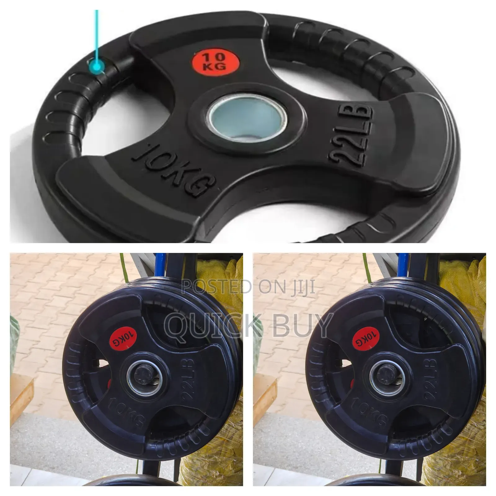 10kg (22lb) Olympic Rubber-Coated Weight Plate With a Tri-Grip Design