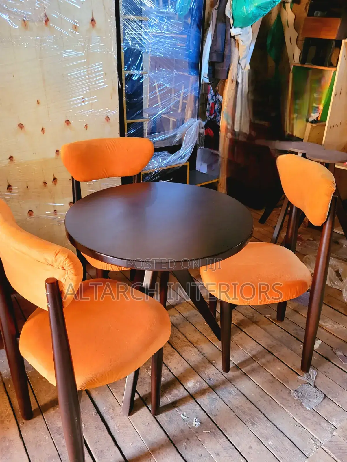 3 Seater Dining Set Well Finished in Coffee Brown and Orange Seats