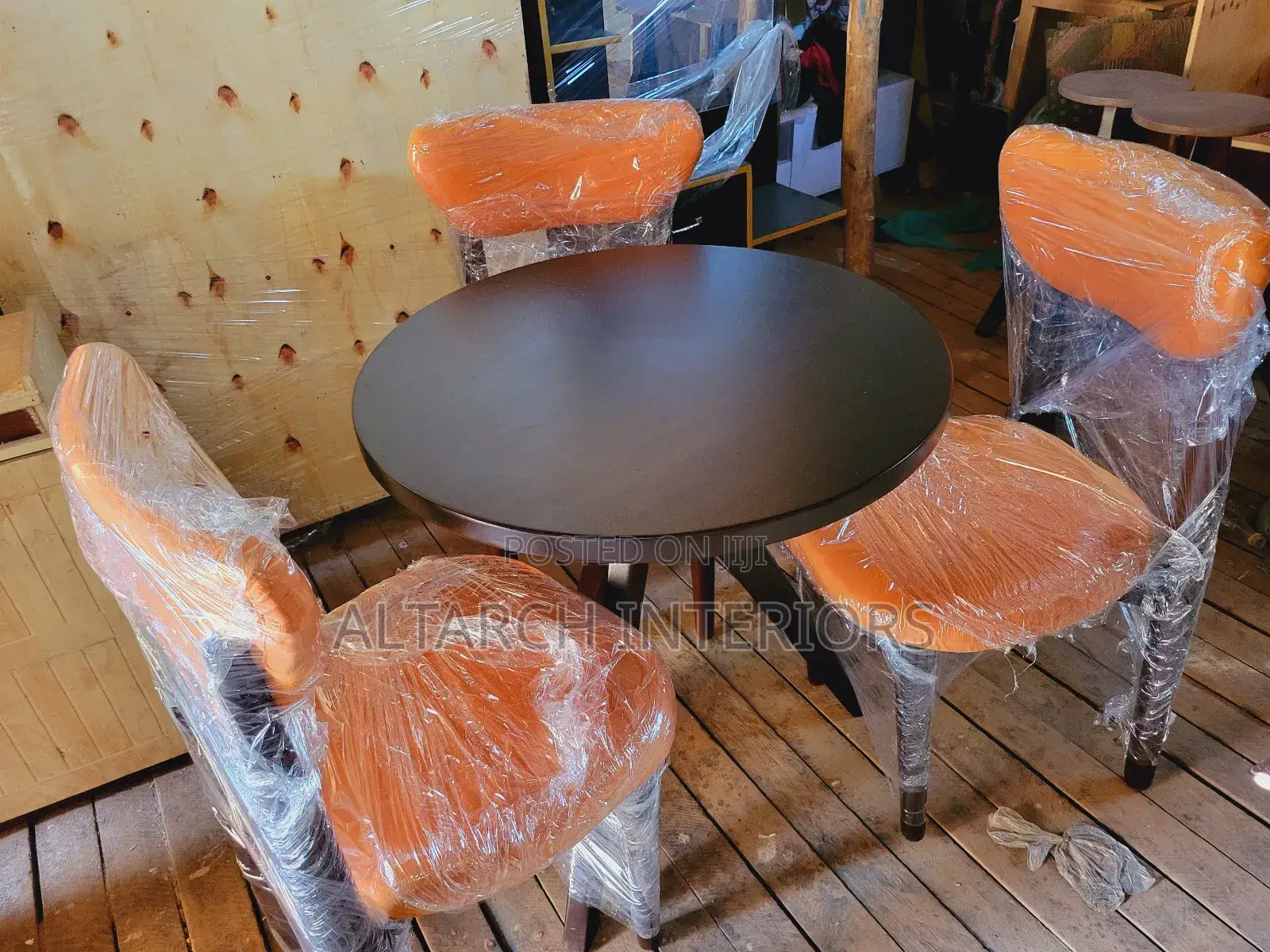 3 Seater Dining Set Well Finished in Coffee Brown and Orange Seats