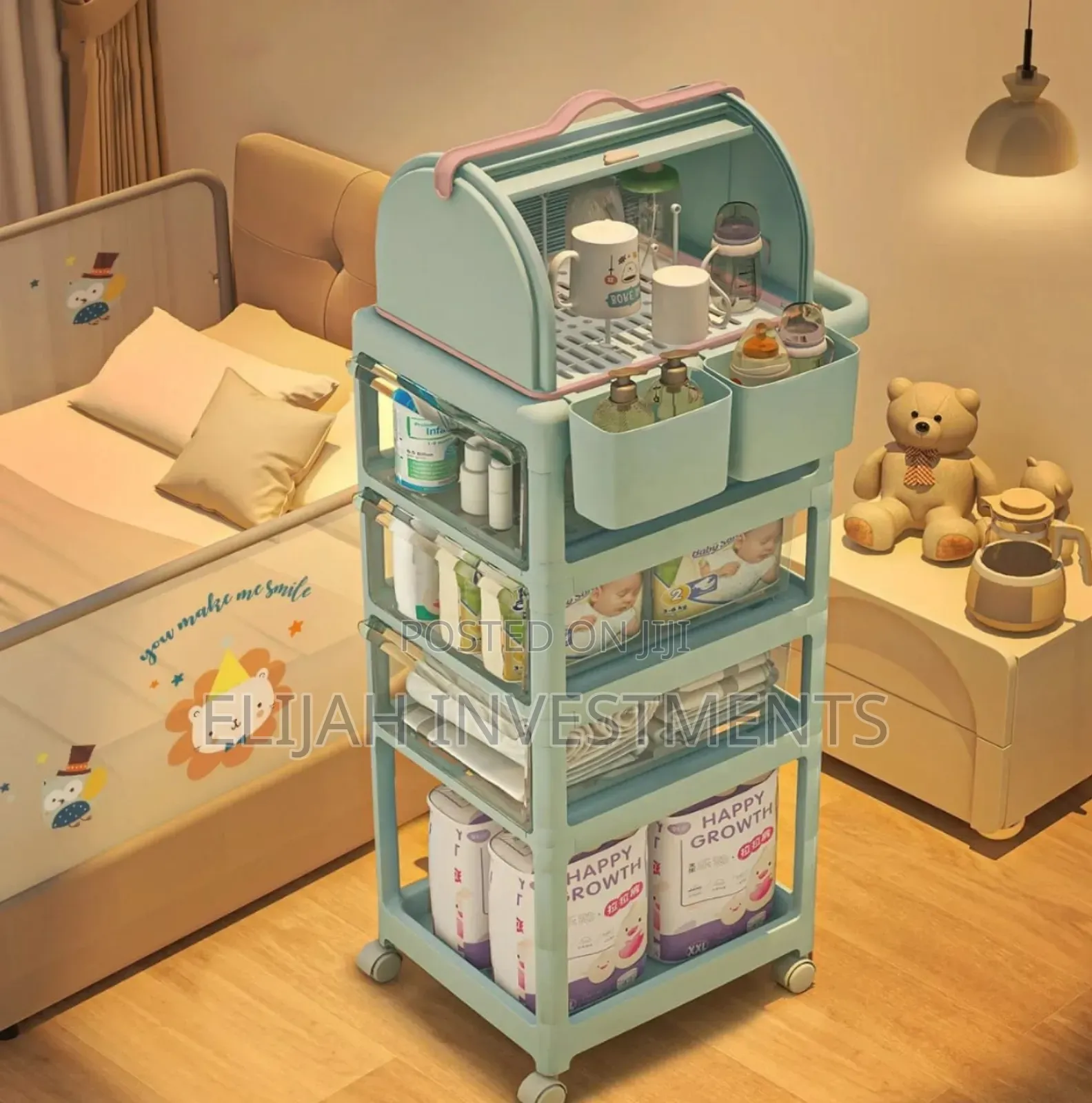 Multi-Layer Mobile Baby Organizing Cart With a Detachable Box