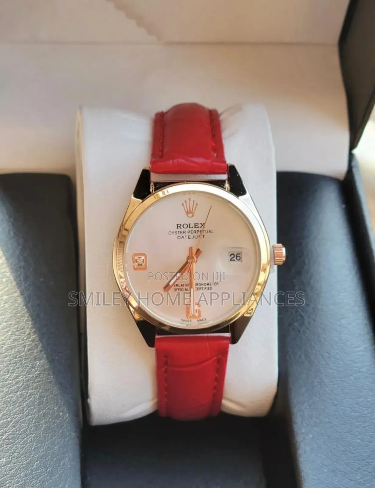 Red Leather Strapped Women's Automatic Rolex Wrist Time Wear at Discount