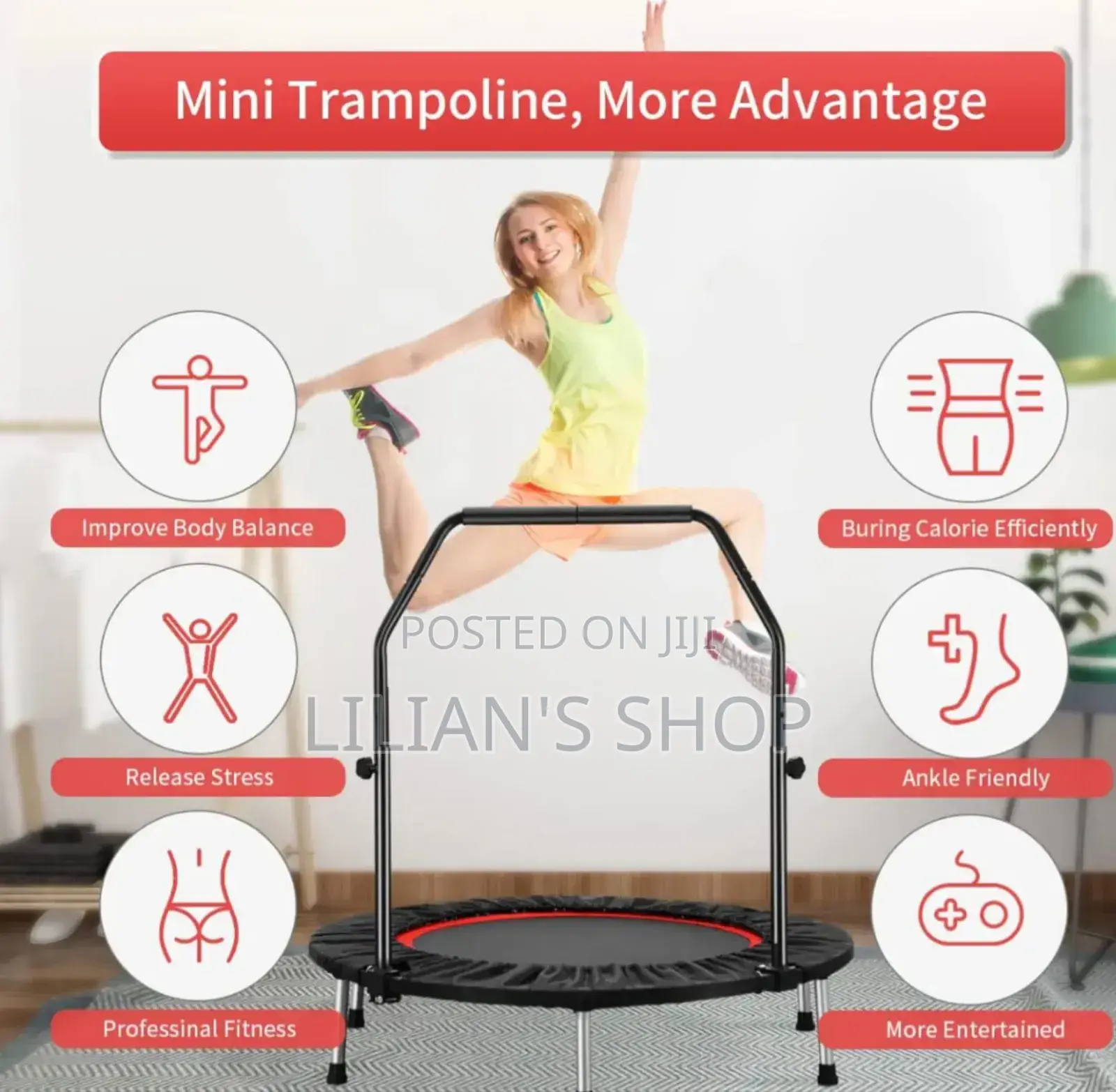 Foldable Mini Exercise Trampoline With an Adjustable Handle Bar
