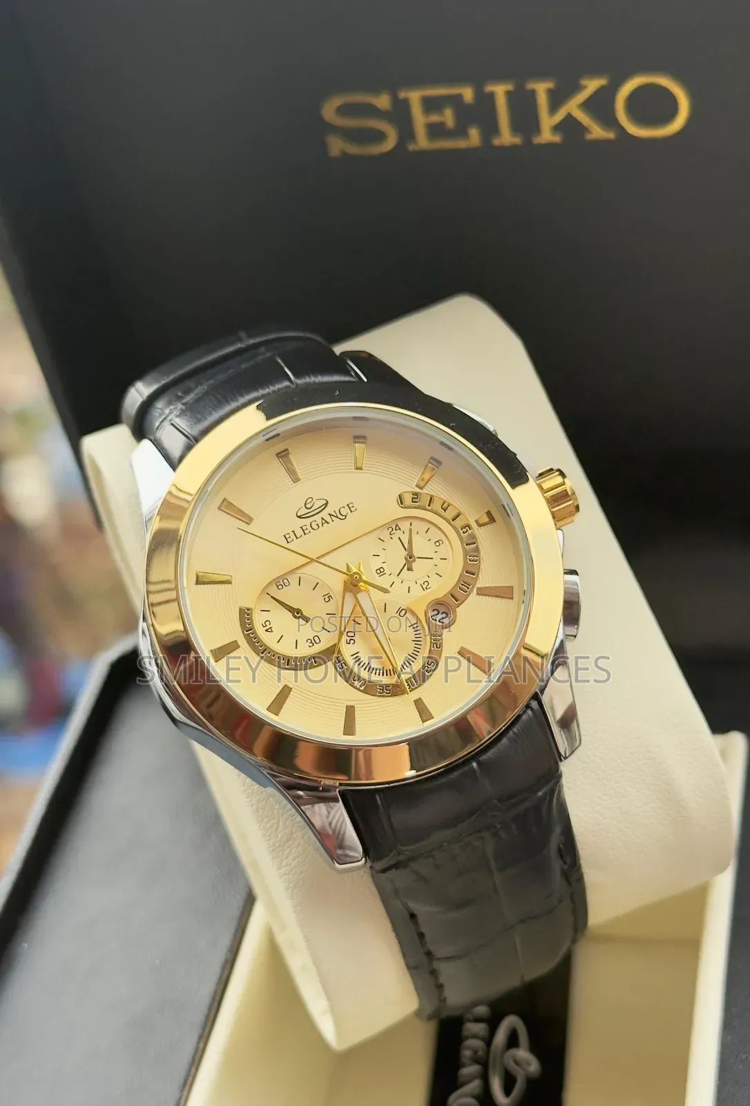 Men's Gold Chrome Elegance Black Leather Strapped Wrist Time Wear