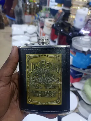 Jim Beam Stainless Steel Hip Flask Wrapped in Black Faux Leather.