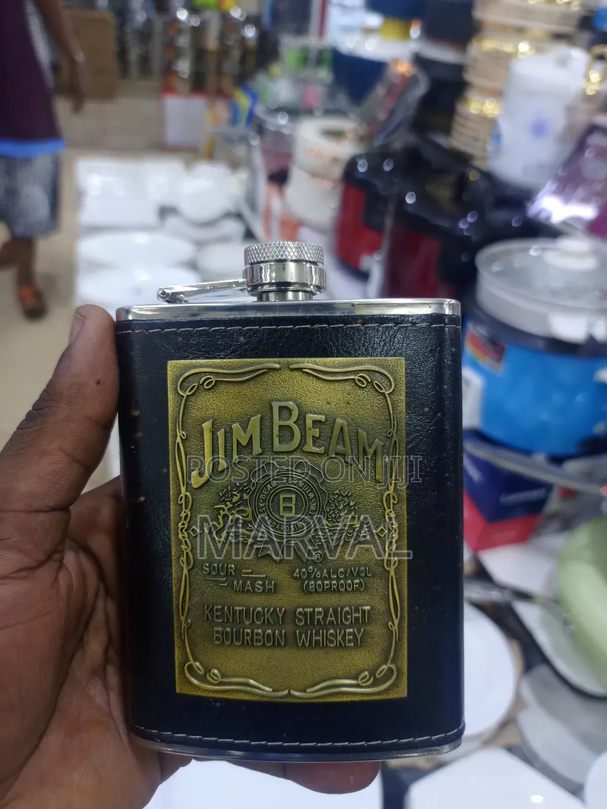 Jim Beam Stainless Steel Hip Flask Wrapped in Black Faux Leather.
