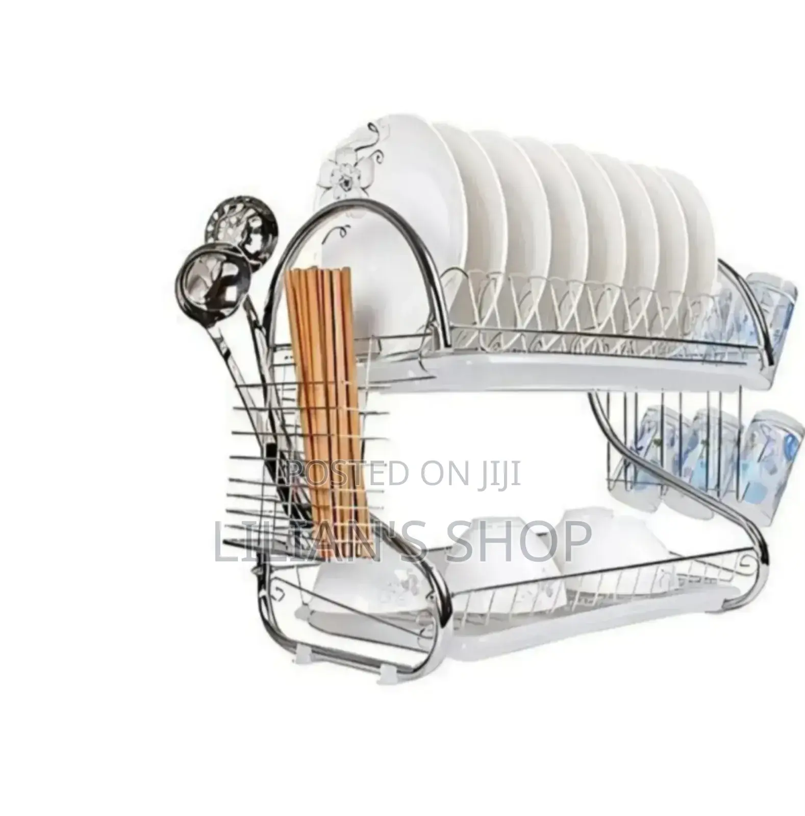 2 Tier Steel Plate Dish Drying Draining Rack Storage Organizer, Silver