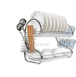 2 Tier Steel Plate Dish Drying Draining Rack Storage Organizer, Silver