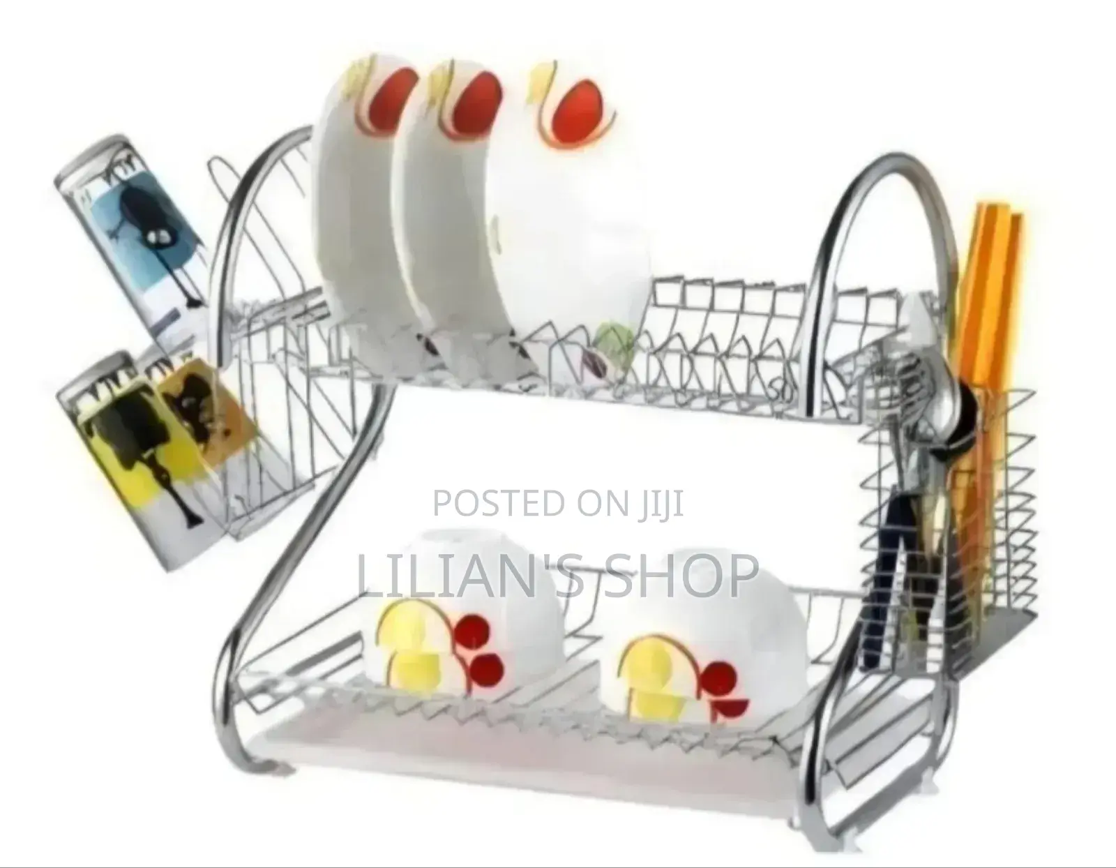 2 Tier Steel Plate Dish Drying Draining Rack Storage Organizer, Silver