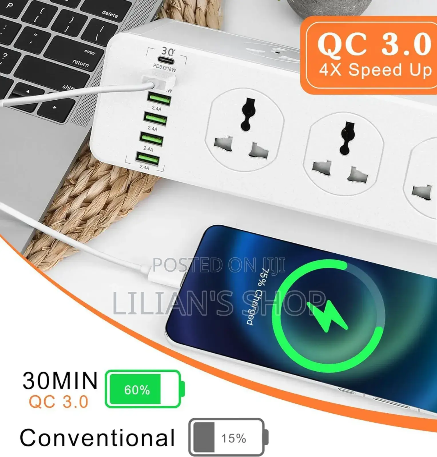 10 Ways Power Socket ,5 Usb-a ,1 Usb C,2m Cable Length