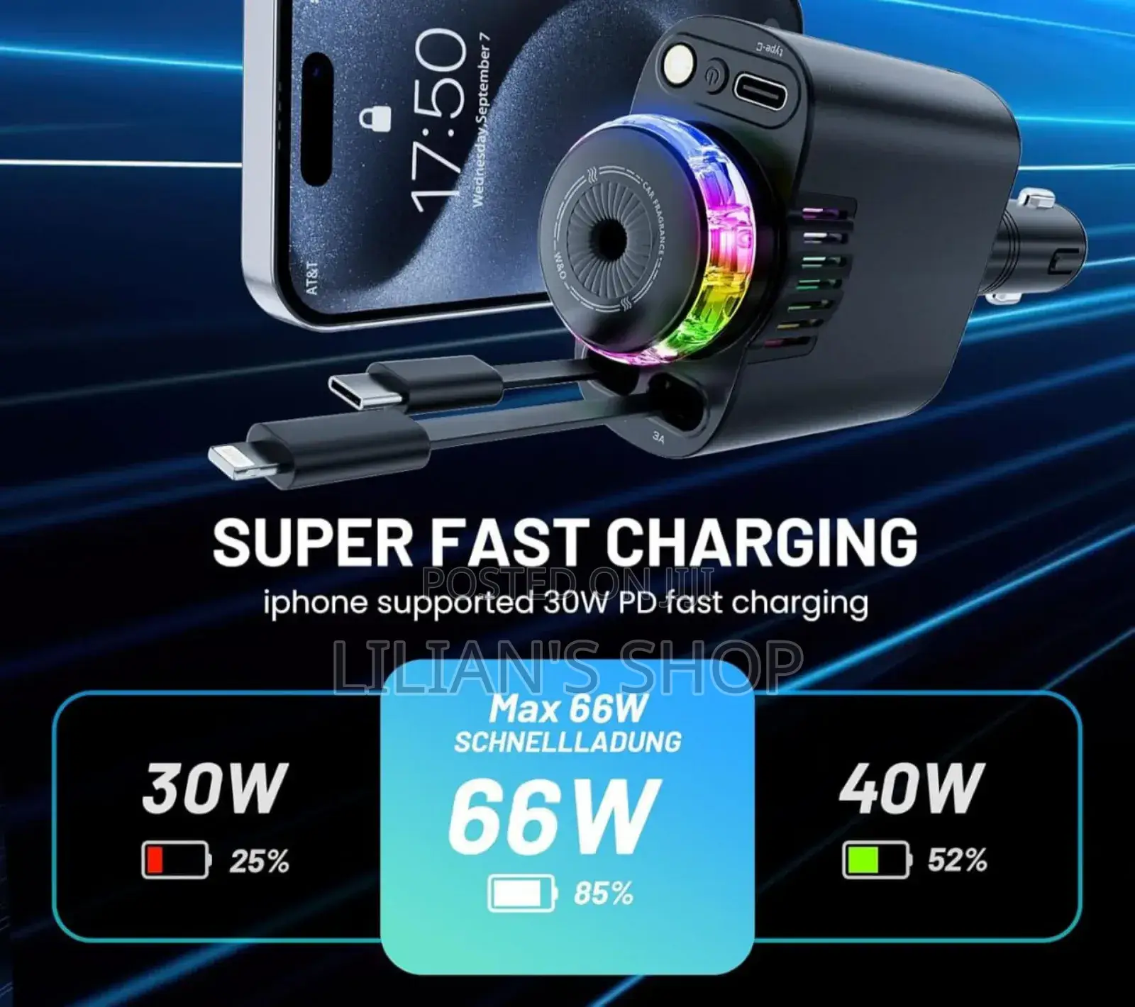 Starlight Retractable Car Charger With Aromatherapy