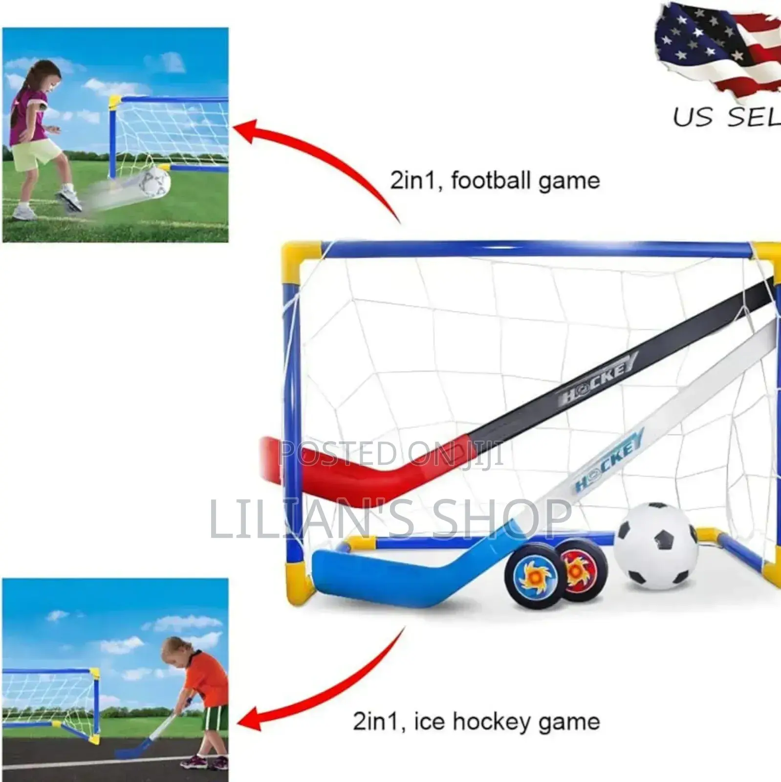 2-in-1 Children's Mini Hockey and Soccer Goal Sports Set.