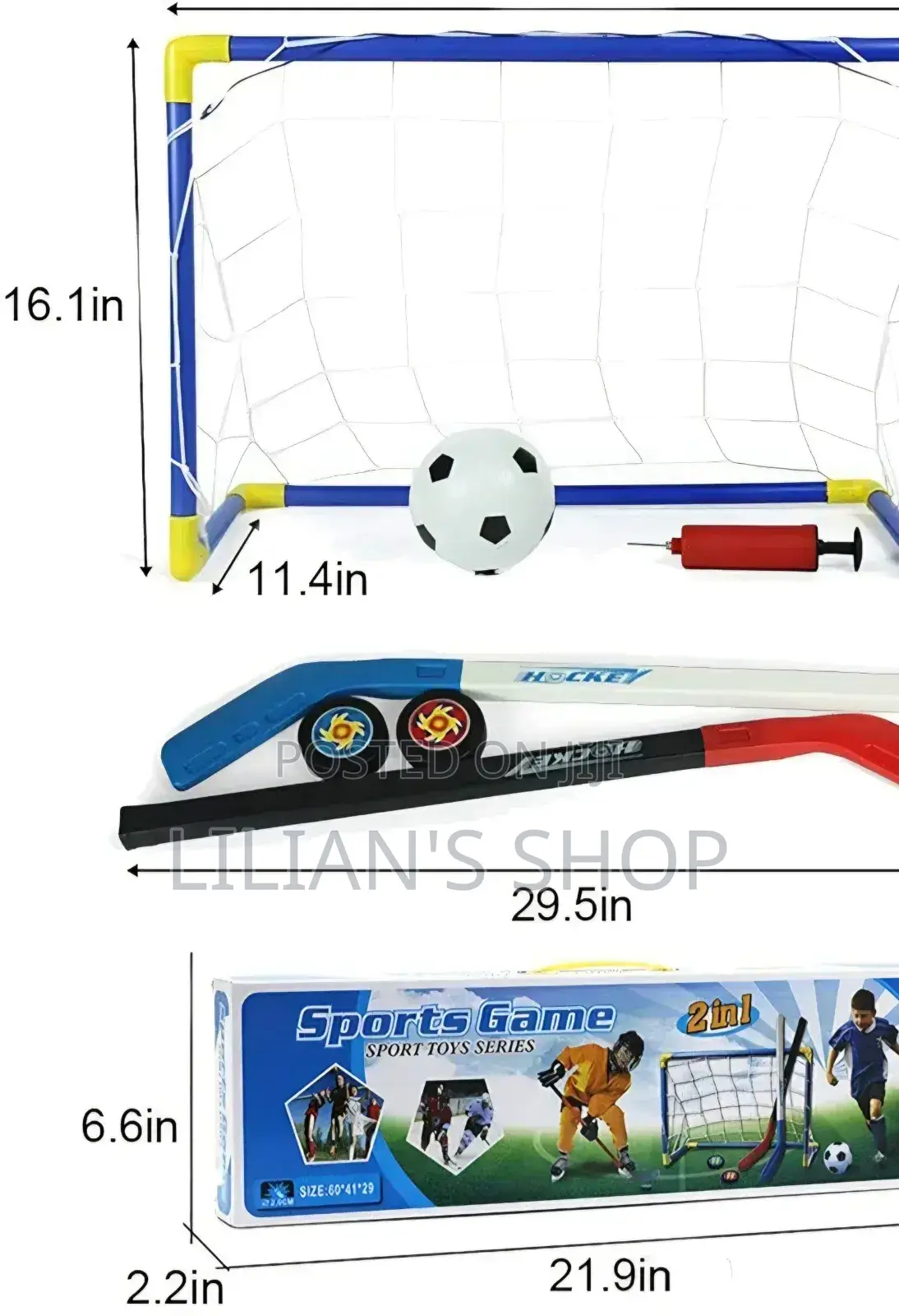 2-in-1 Children's Mini Hockey and Soccer Goal Sports Set.
