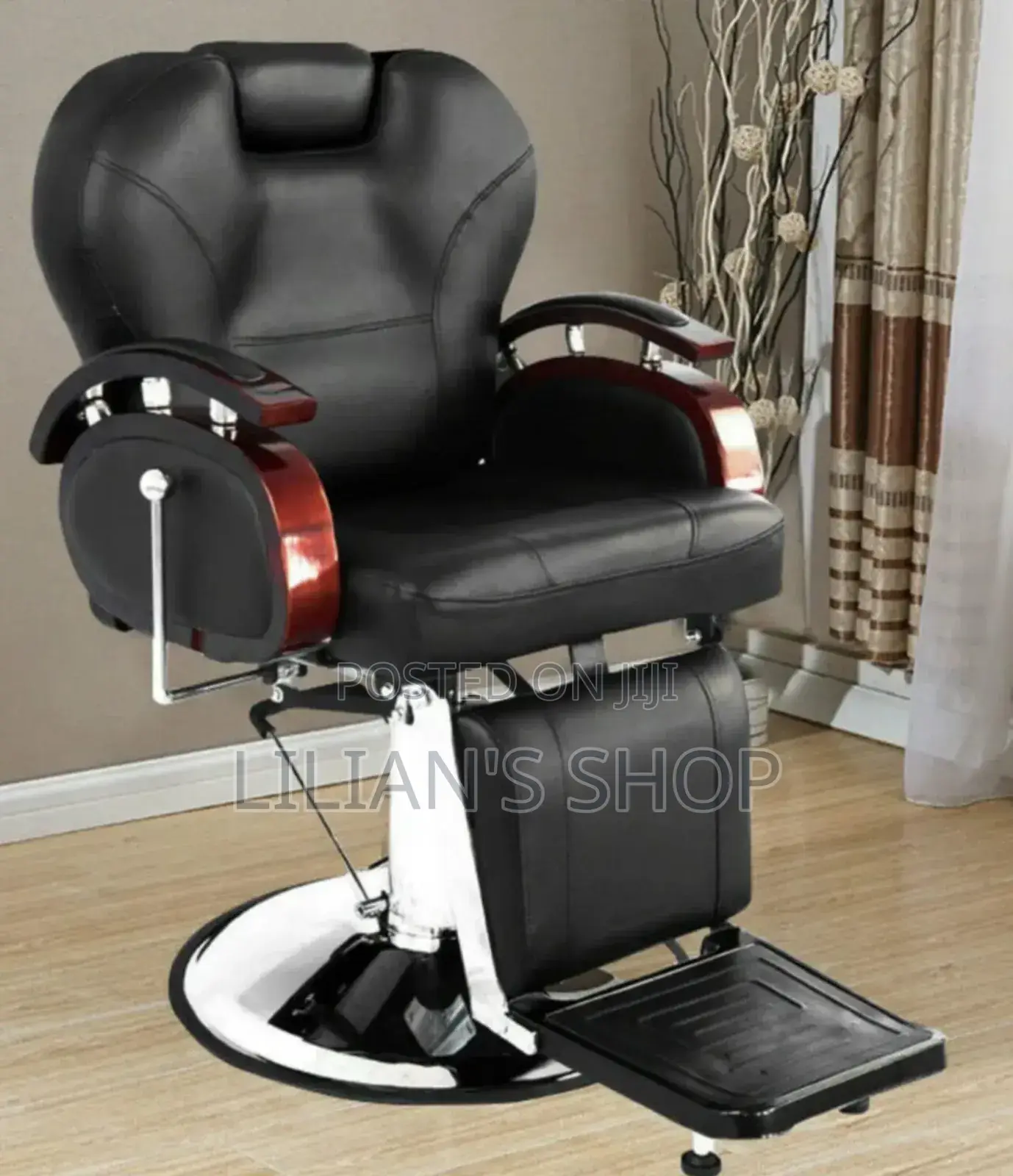 Black Barber Chair With Wooden Armrests
