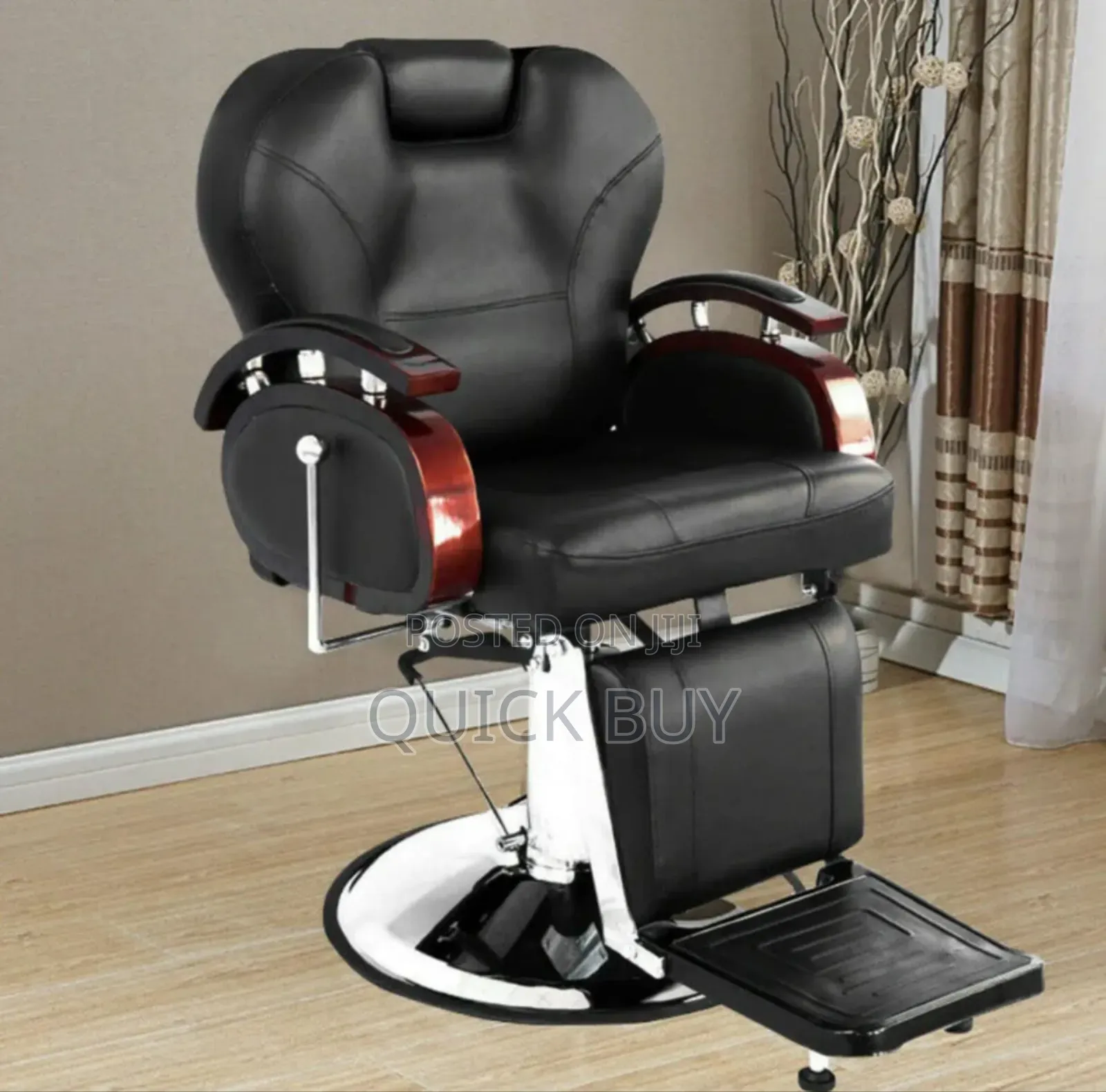 Black Barber Chair With Wooden Armrests