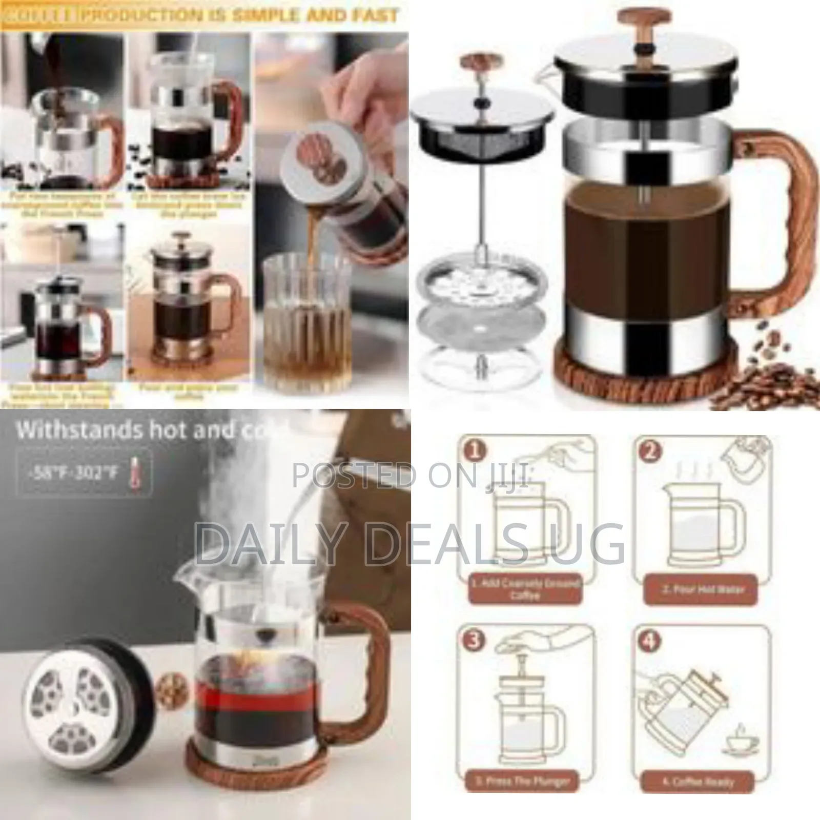 Premium French Press Coffee Maker With Wood-look Handle And Base