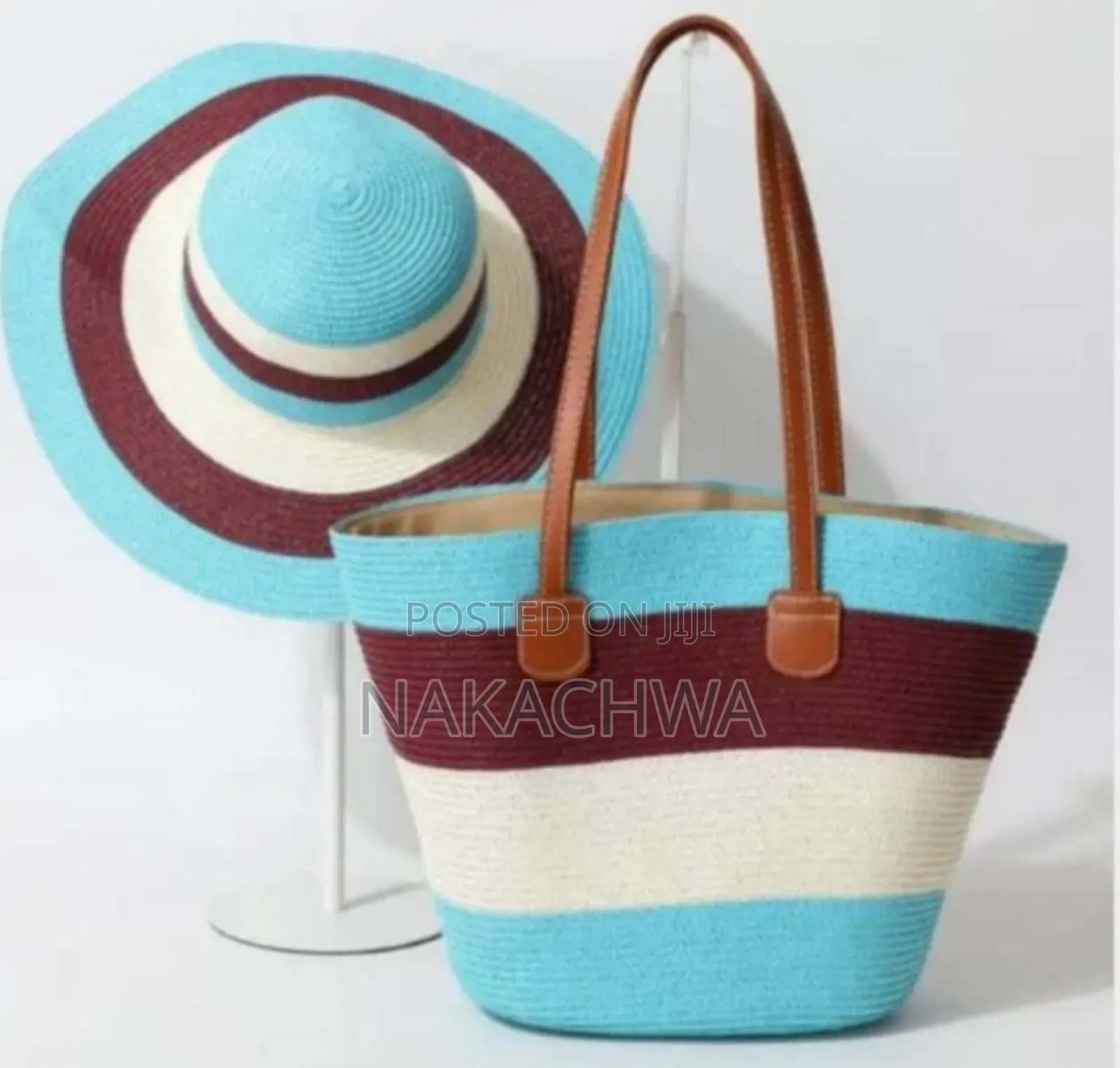 Womens Striped Straw Hat And Tote Bag Set