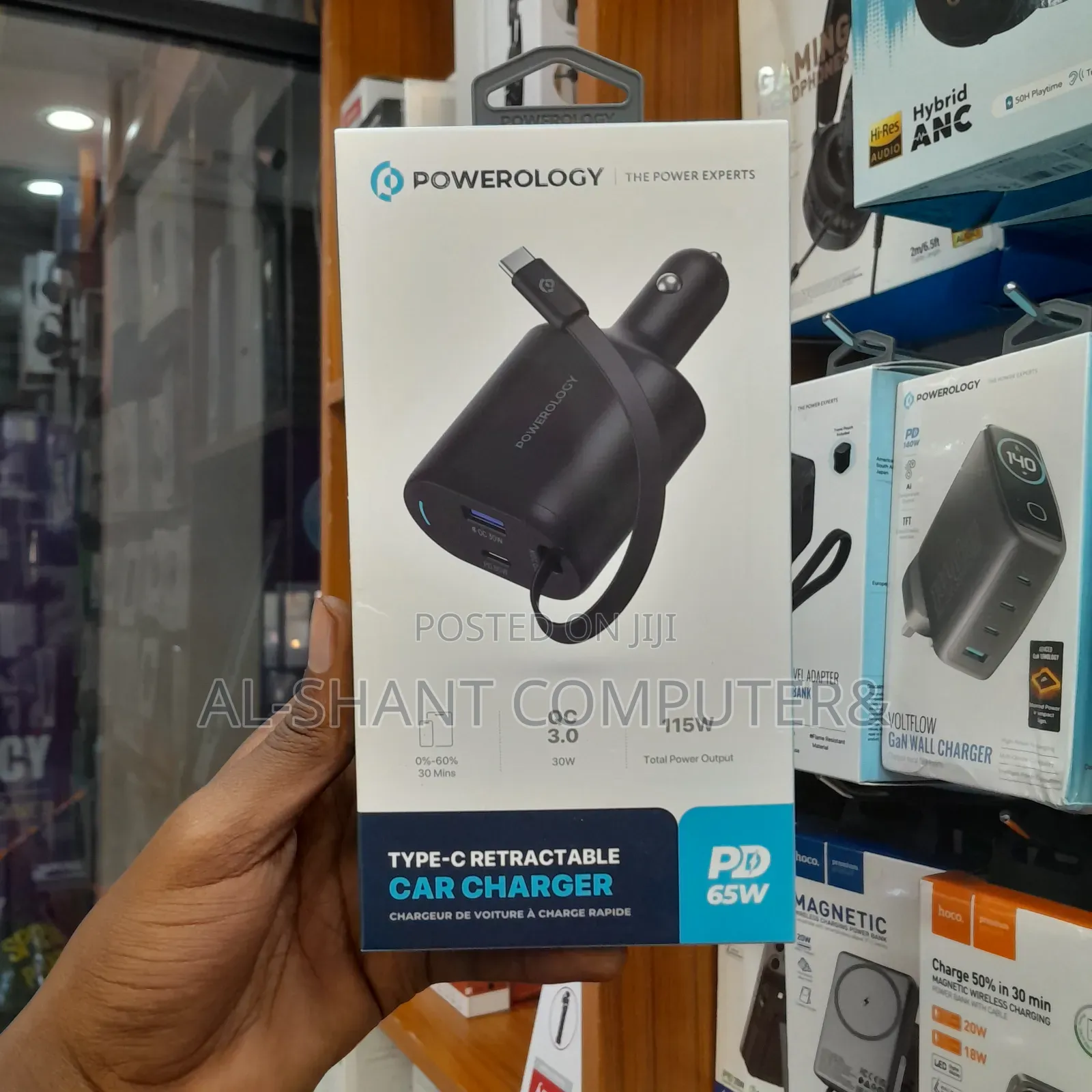 Powerology Type-C Car Charger/65pd Retractable Carcharger