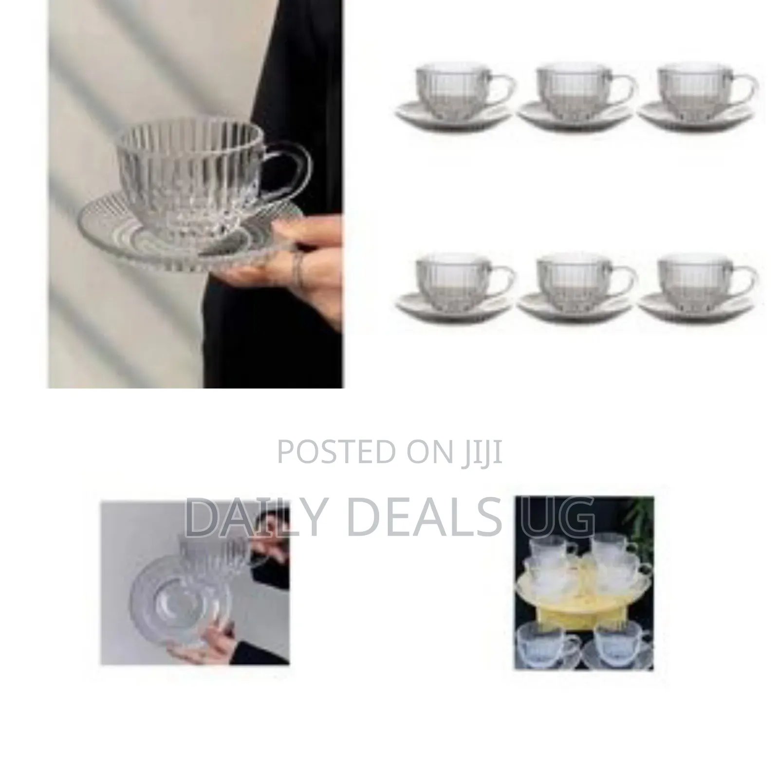 3-Piece Set of Elegant Ribbed Glass Teacups and Saucers