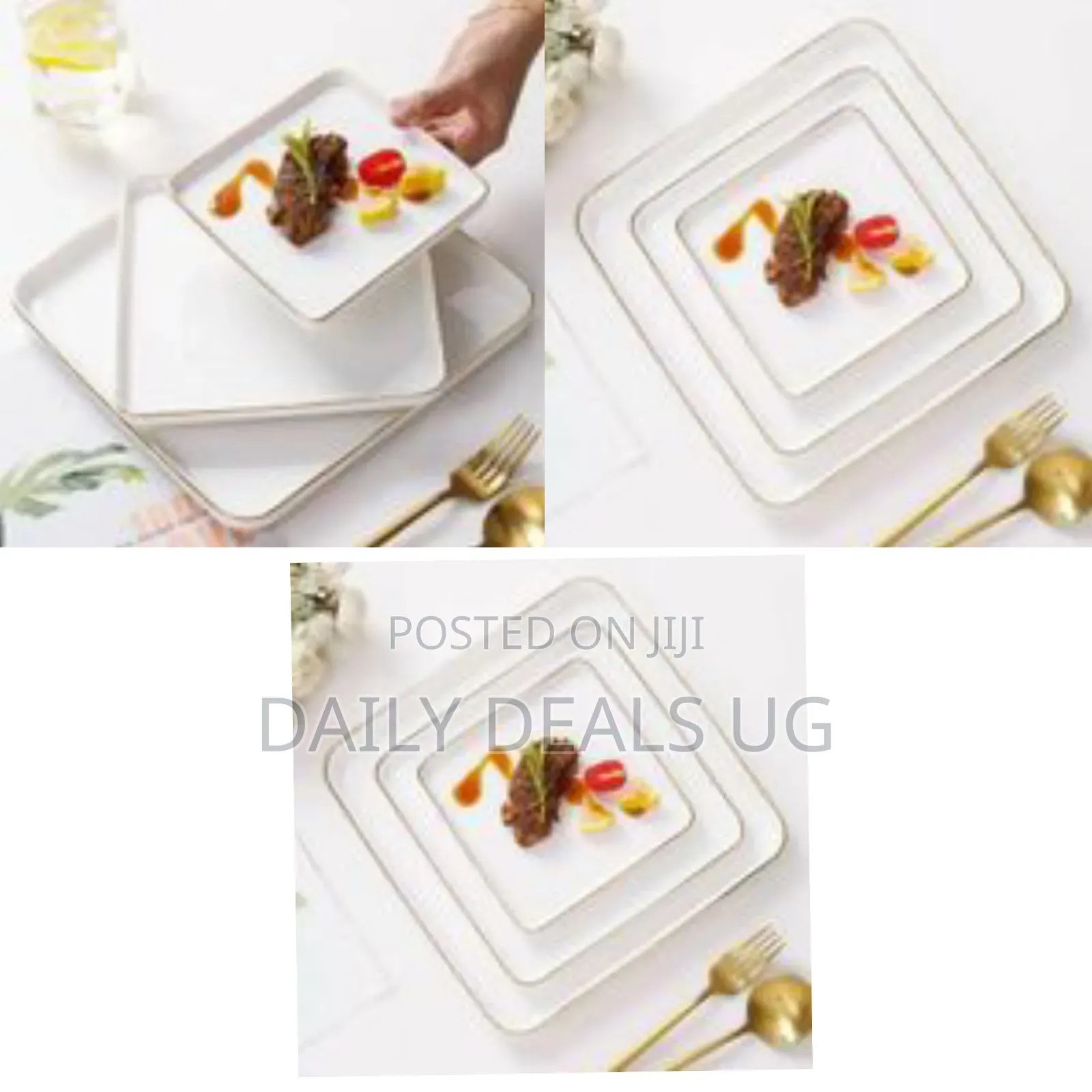 Elegant Square White Ceramic Dinner Plates With Gold Rim - Multicolor