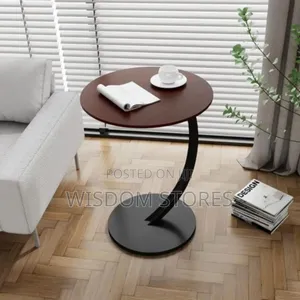 Modern C-Shape Sofa Side Table With Dark Wood Top and Metal Base