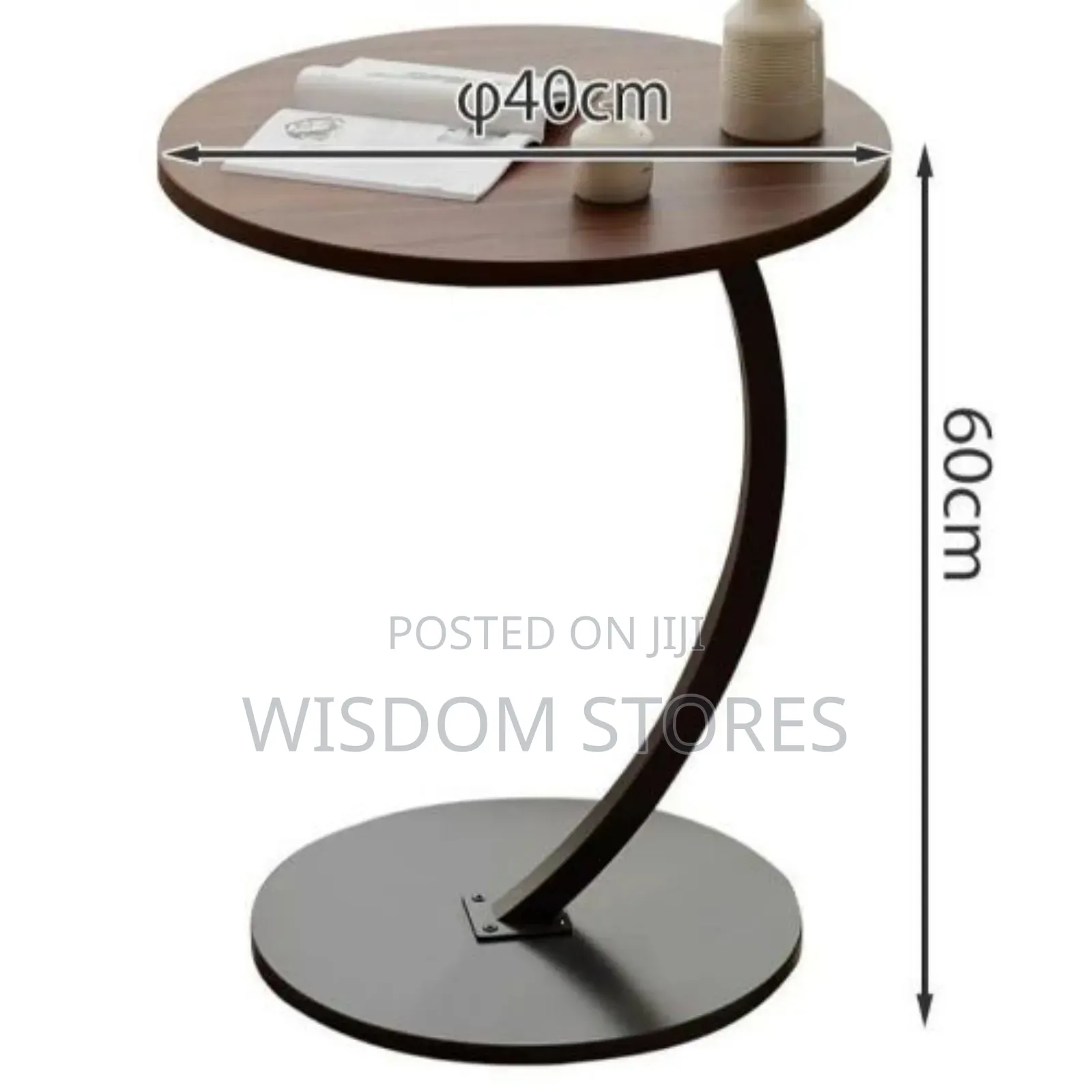 Modern C-Shape Sofa Side Table With Dark Wood Top and Metal Base