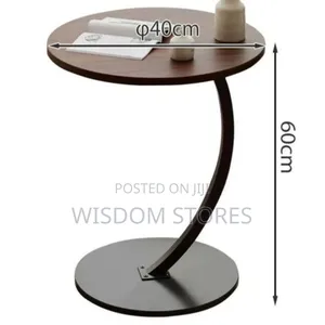Modern C-Shape Sofa Side Table With Dark Wood Top and Metal Base
