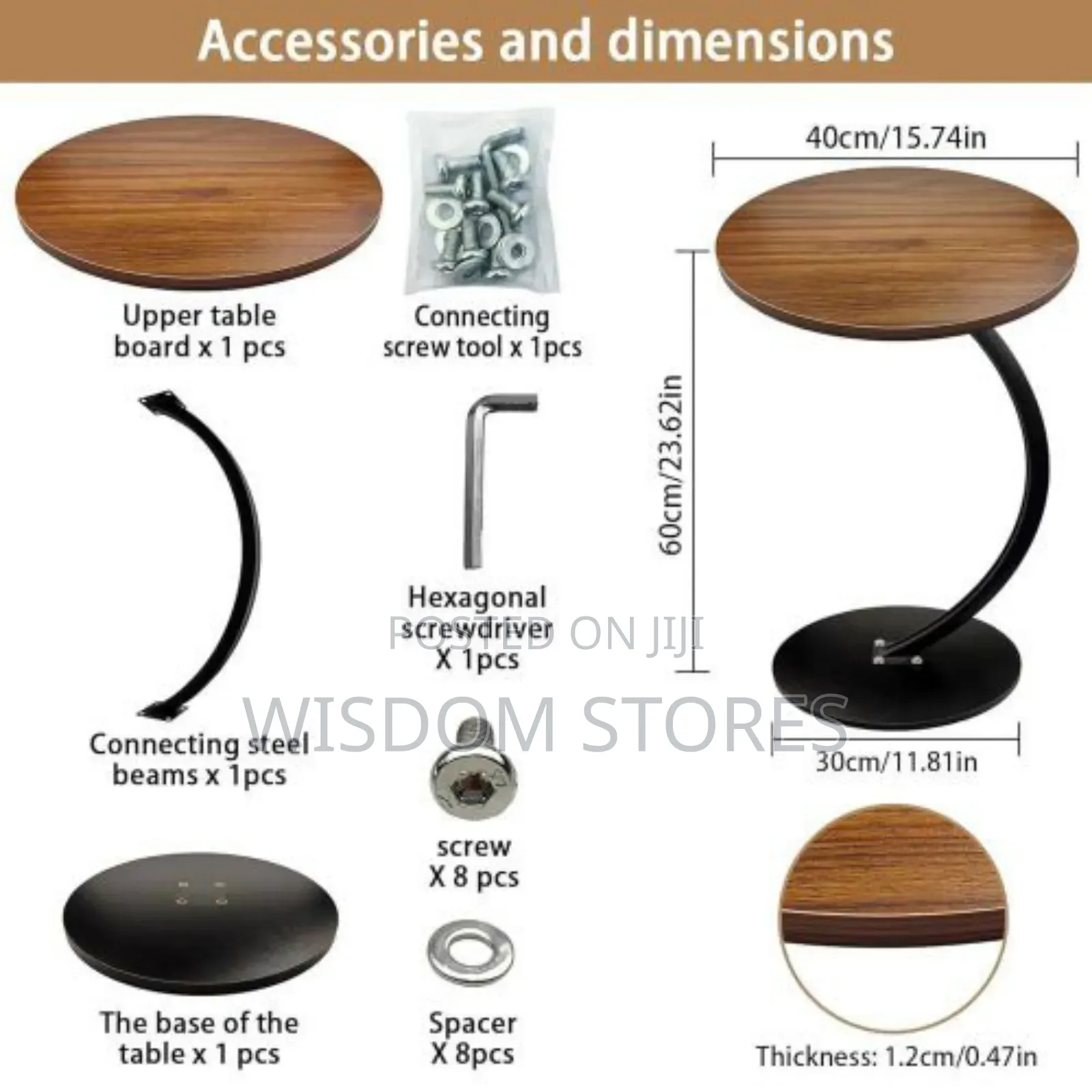 Modern C-Shape Sofa Side Table With Dark Wood Top and Metal Base
