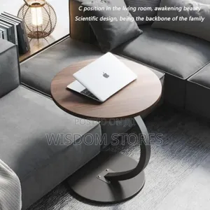Modern C-Shape Sofa Side Table With Dark Wood Top and Metal Base