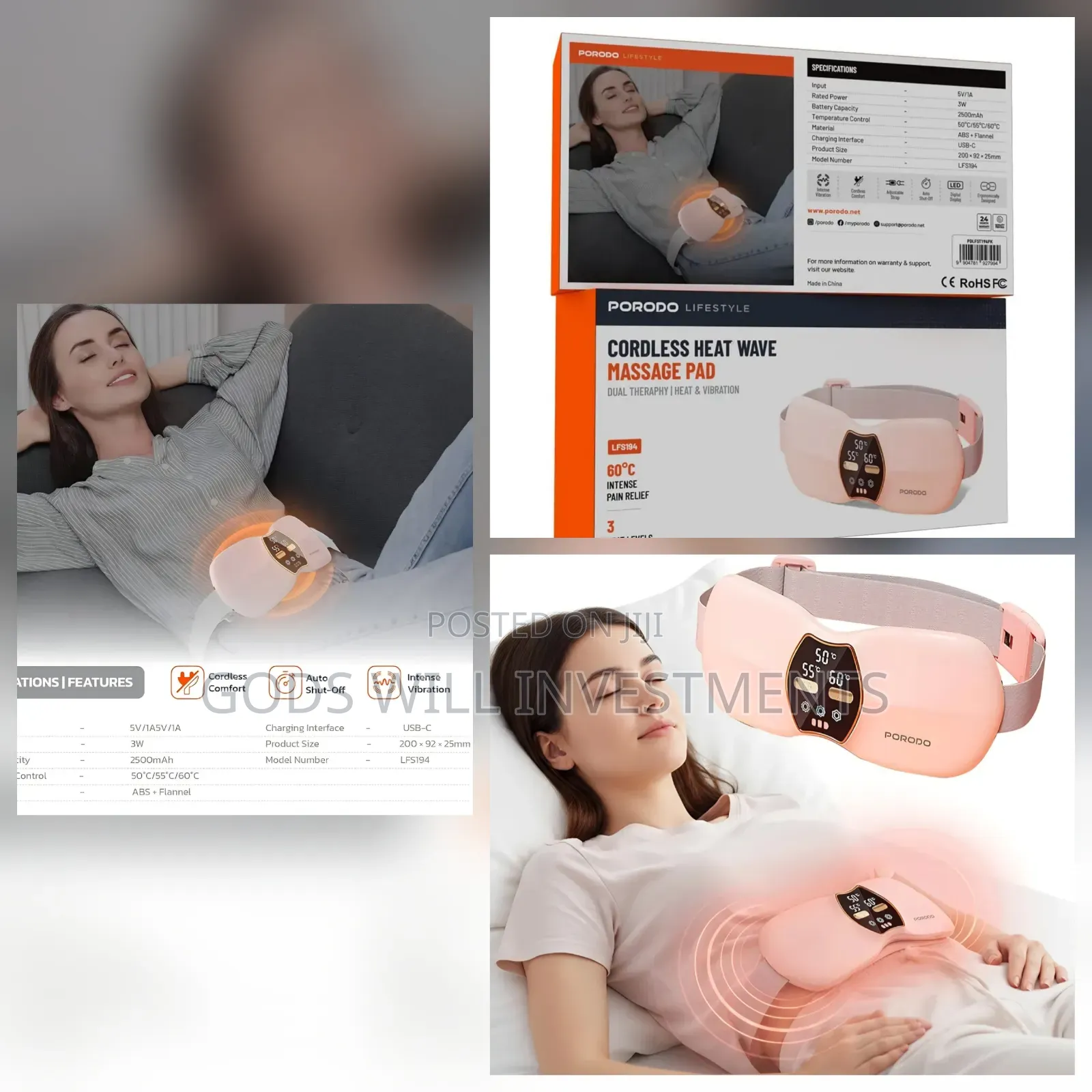 Porodo Lifestyle Cordless Heat Wave Massage Pad.